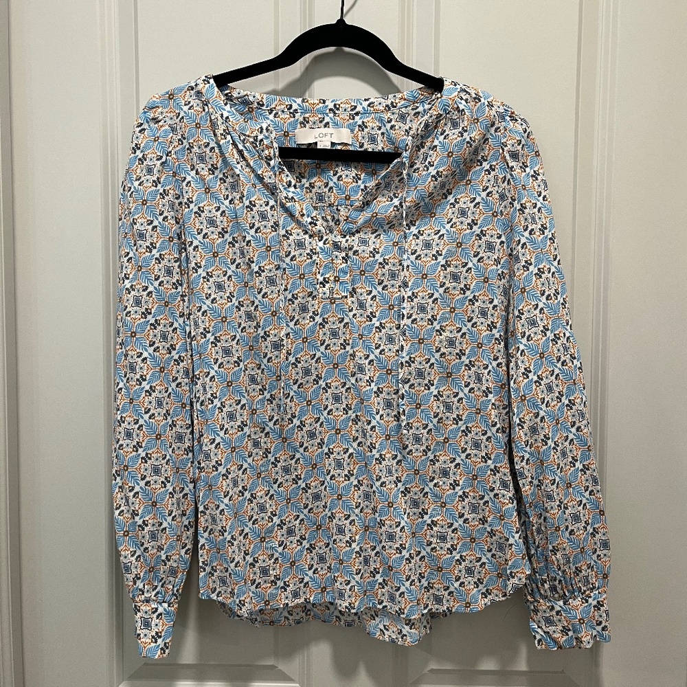 Loft Blouse with Blue and Gold Pattern